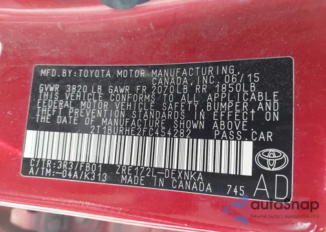 2015 Toyota Corolla Le z USA, uszkodzony, nr VIN 2T1BURHE2FC454282